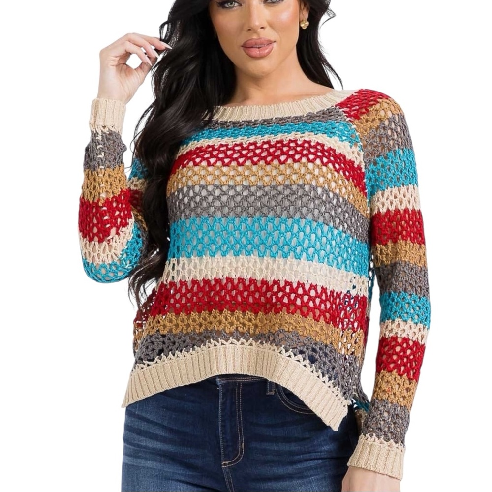 Open Knit Multicolor Striped Sweater Boho Lightweight Pullover S M L
